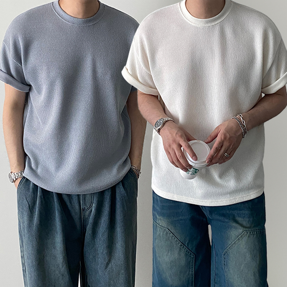 1+1 기능성반팔티 무지티 스판 머슬핏반팔 커플티 - 상품 이미지