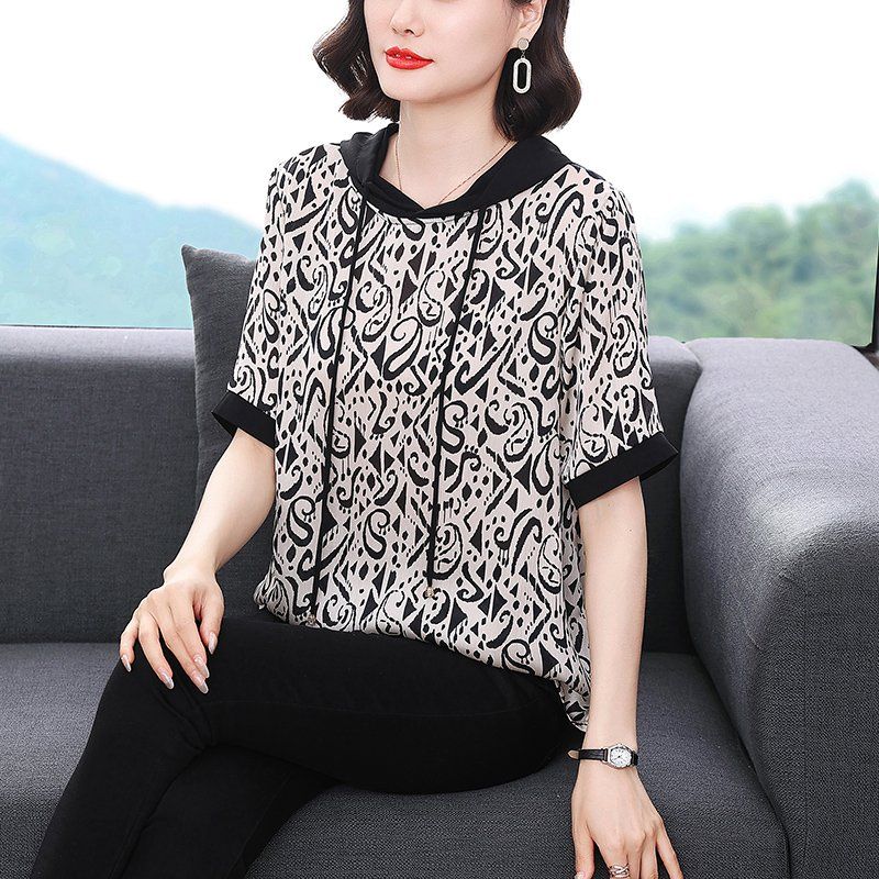 봄 여름 여성 루즈핏 빅사이즈 패턴 프린팅 반팔 후드 티셔츠 데일리룩 폴리 배색 스트링 상의 - 상세 이미지 3