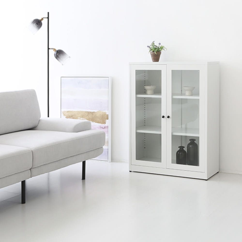 MKB 빈티지캐비넷 세로중 2문 수납장 유리형 800x350x1080mm, 2단, 화이트 9762.6340 - 상세 이미지 4