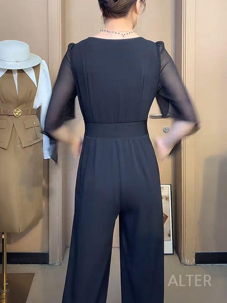 여성 여름 정장 점프슈트 블랙 V넥 블랙 M (47.5-52kg) - 상세 이미지 3