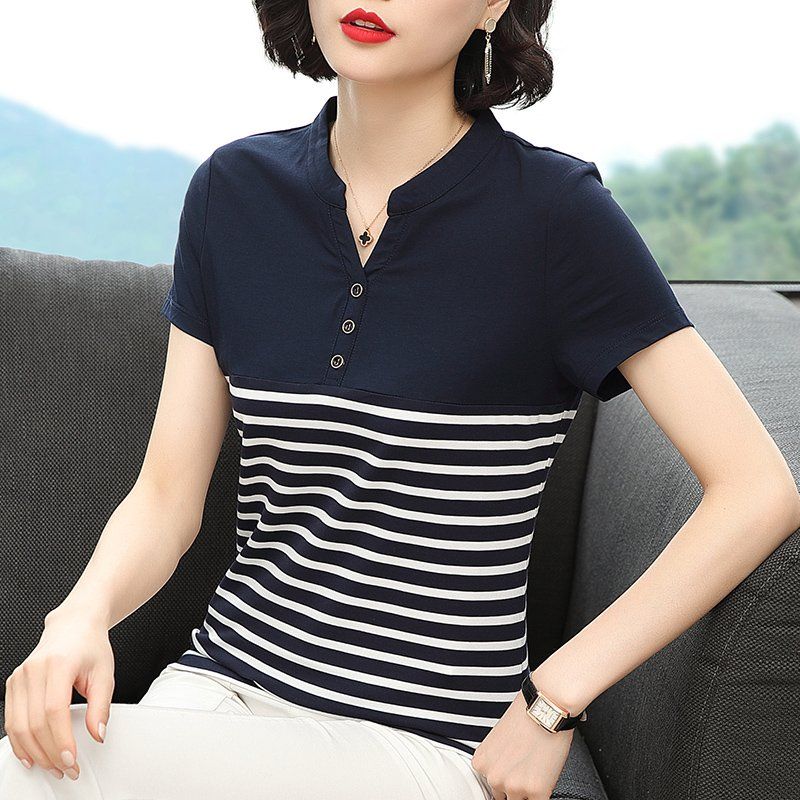봄 여름 여성 루즈핏 빅사이즈 스트라이프 반팔 티셔츠 데일리룩 브이넥 헨리넥 면 배색 상의 - 상세 이미지 2
