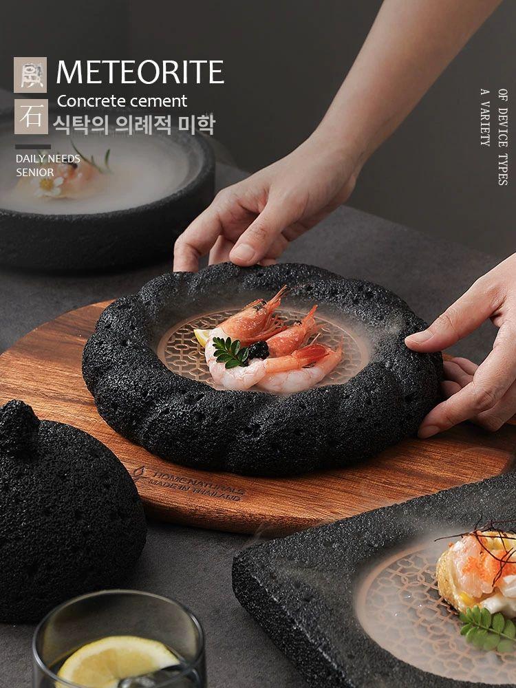 스톤 드라이아이스 접시 화산석 고급 일식집 6.8인치 사각접시 블랙 구리 - 상세 이미지 2