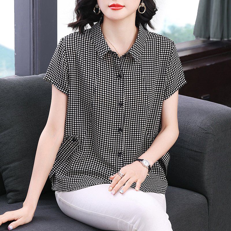 봄 여름 여성 루즈핏 빅사이즈 체크 카라 반팔 셔츠 블라우스 데일리룩 포켓 남방 상의 - 상품 이미지
