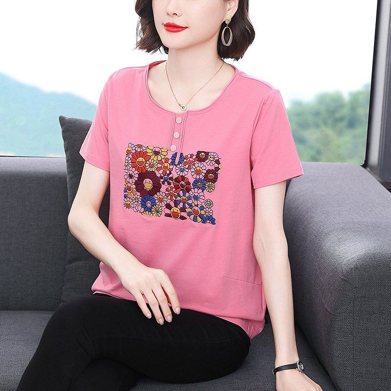 봄 여름 여성 루즈핏 빅사이즈 플라워 자수 헨리넥 반팔 티셔츠 데일리룩 캐주얼 상의 - 상세 이미지 3