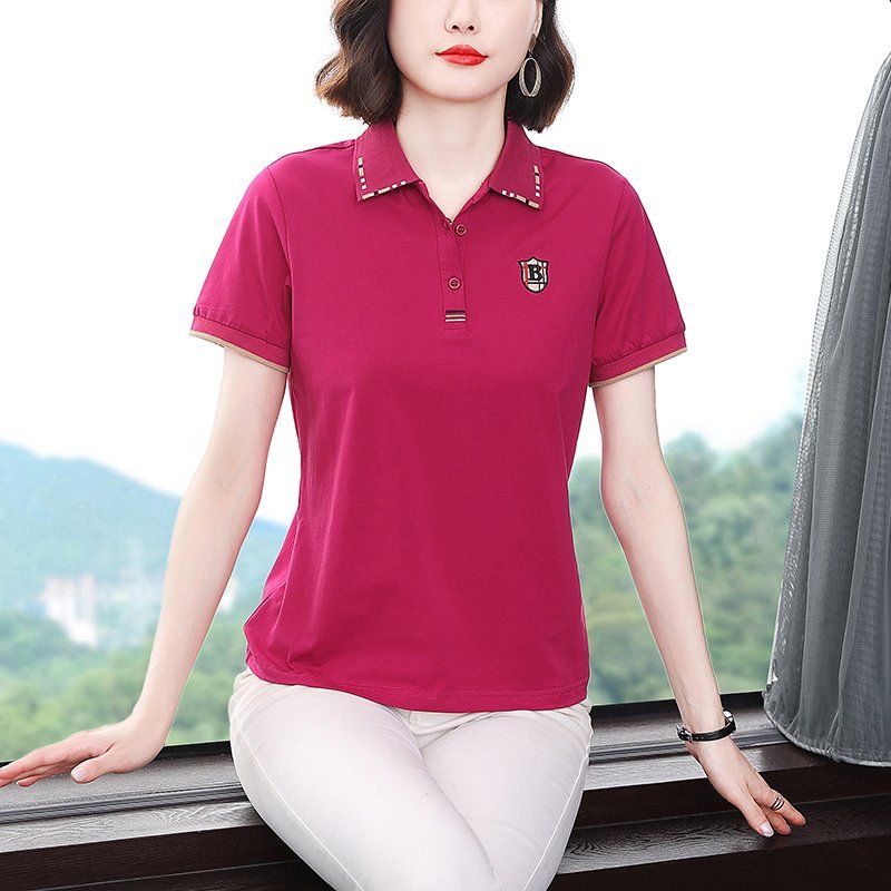 봄 여름 여성 루즈핏 빅사이즈 체크 배색 카라 반팔 티셔츠 폴로 데일리룩 면 로고 패치 상의 - 상세 이미지 4