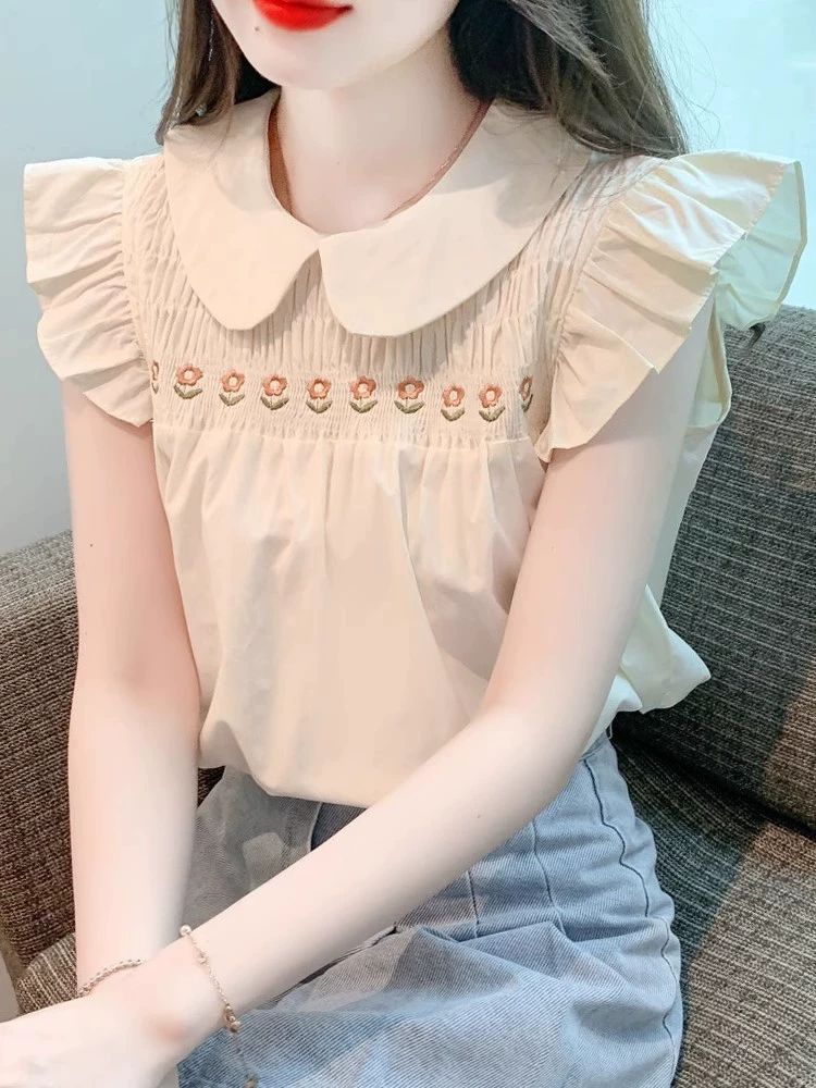 스위트 프릴 민소매 쉬폰 상의 루즈핏 블라우스 여름 블루 S 40~49kg - 상품 이미지