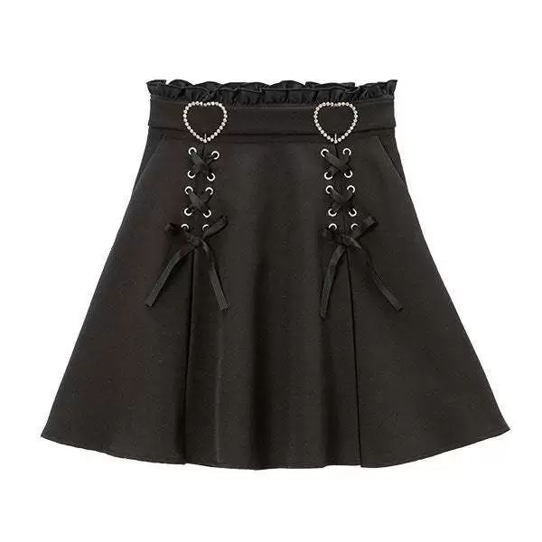 버클 하트 레이스 일본풍 스커트 블랙 S 허리 60-70cm - 상품 이미지