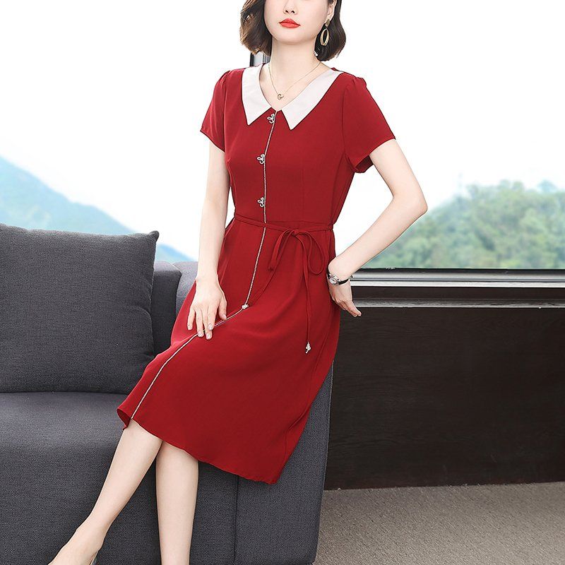 봄 여름 여성 루즈핏 빅사이즈 카라 반팔 원피스 플레어 롱원피스 데일리룩 배색 큐빅 허리끈 - 상품 이미지