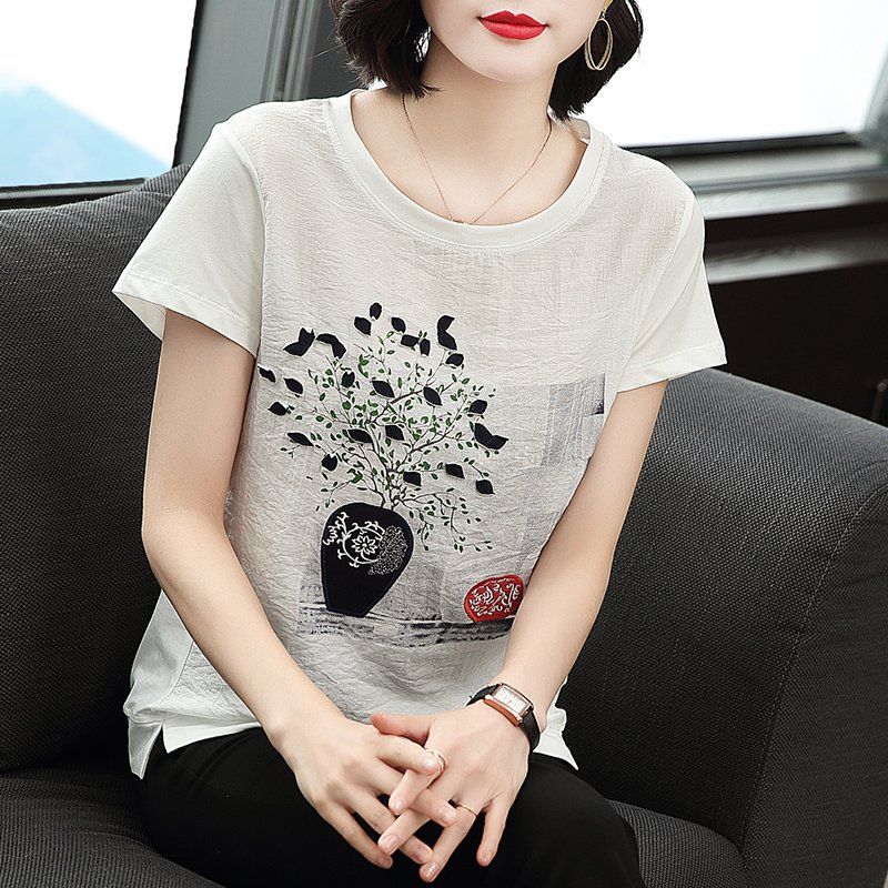 봄 여름 여성 루즈핏 빅사이즈 프린팅 반팔 티셔츠 데일리룩 라운드넥 면 자수 상의 - 상세 이미지 3