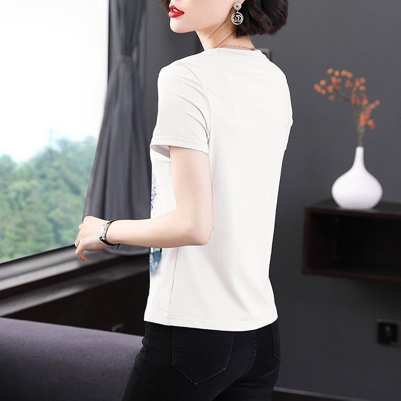 봄 여름 여성 루즈핏 빅사이즈 풍경화 프린팅 반팔 티셔츠 데일리룩 캐주얼 면 상의 - 상세 이미지 2