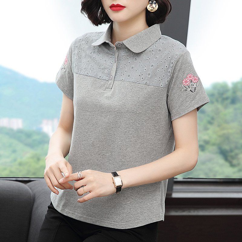 봄 여름 여성 루즈핏 빅사이즈 자수 카라 반팔 티셔츠 폴로 펀칭 배색 데일리룩 면 헨리넥 상의 - 상세 이미지 4