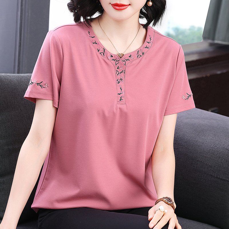봄 여름 여성 루즈핏 빅사이즈 자수 헨리넥 반팔 티셔츠 데일리룩 편안한 착용감 기본 상의 - 상세 이미지 2