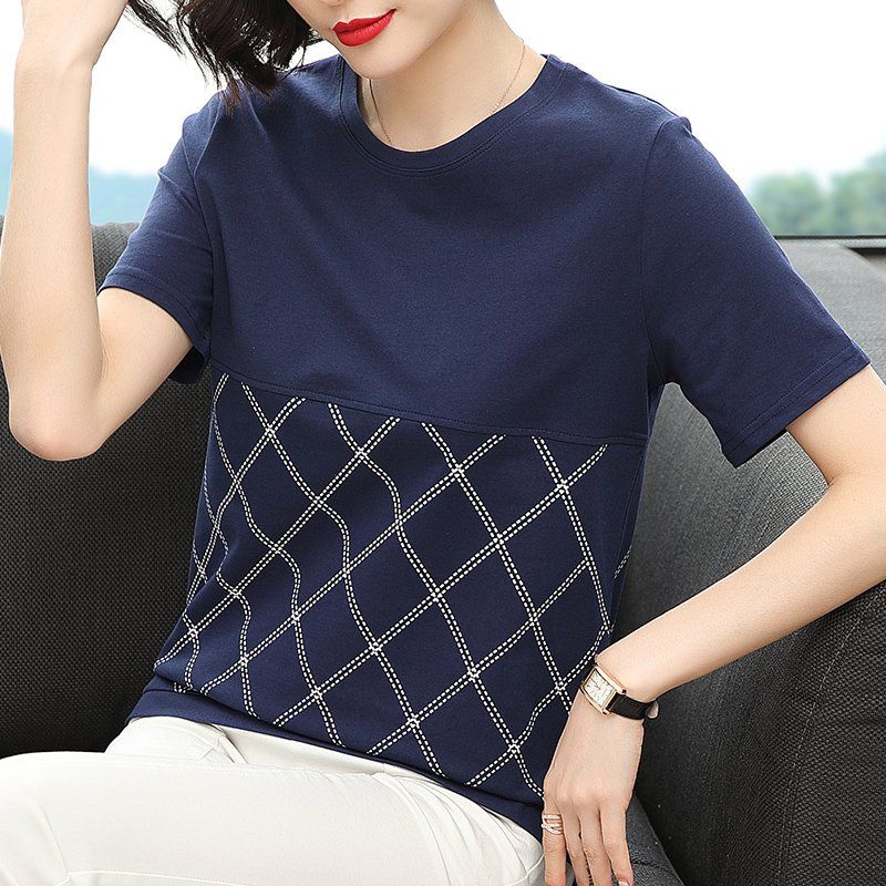 봄 여름 여성 루즈핏 빅사이즈 아가일 패턴 반팔 티셔츠 데일리룩 캐주얼 라운드넥 면 상의 - 상세 이미지 2