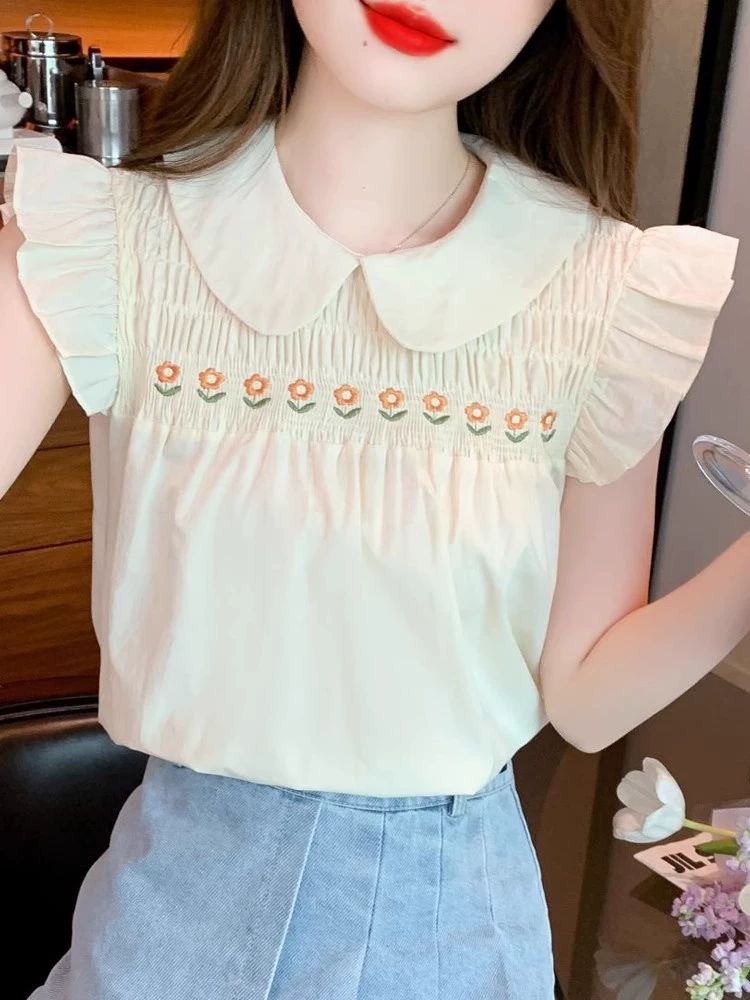스위트 프릴 민소매 쉬폰 상의 루즈핏 블라우스 여름 블루 S 40~49kg - 상세 이미지 5