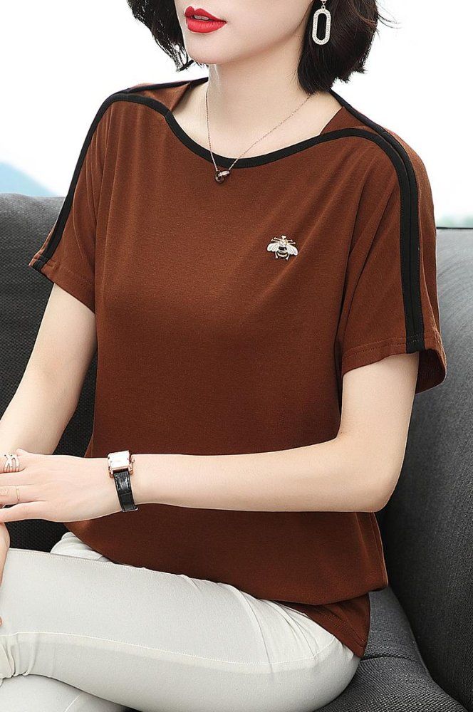 봄 여름 여성 루즈핏 빅사이즈 꿀벌 와펜 반팔 티셔츠 데일리룩 배색 라인 면 상의 - 상세 이미지 5
