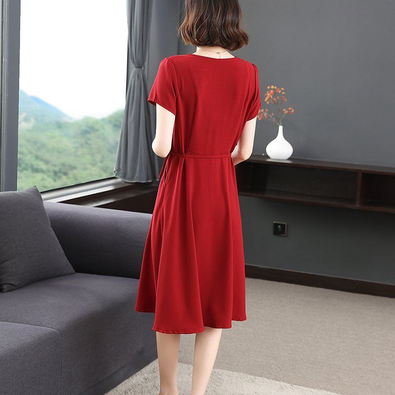 봄 여름 여성 루즈핏 빅사이즈 카라 반팔 원피스 플레어 롱원피스 데일리룩 배색 큐빅 허리끈 - 상세 이미지 3