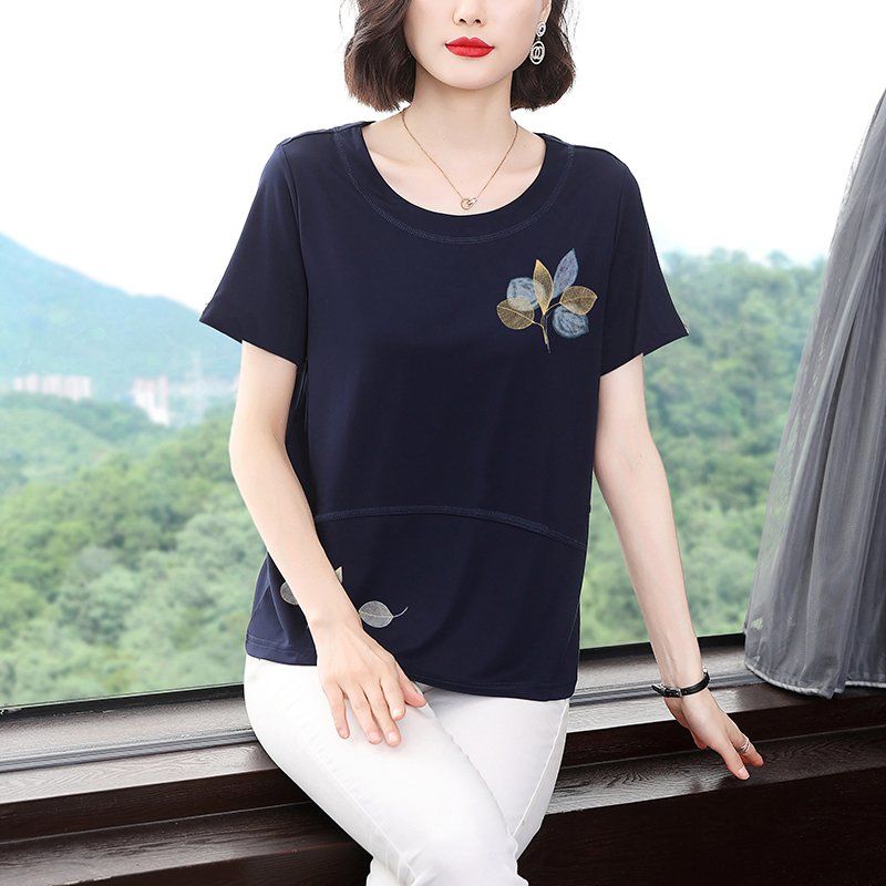 봄 여름 여성 루즈핏 빅사이즈 나뭇잎 프린팅 반팔 티셔츠 데일리룩 라운드넥 면 자수 레이어드 상의 - 상세 이미지 4
