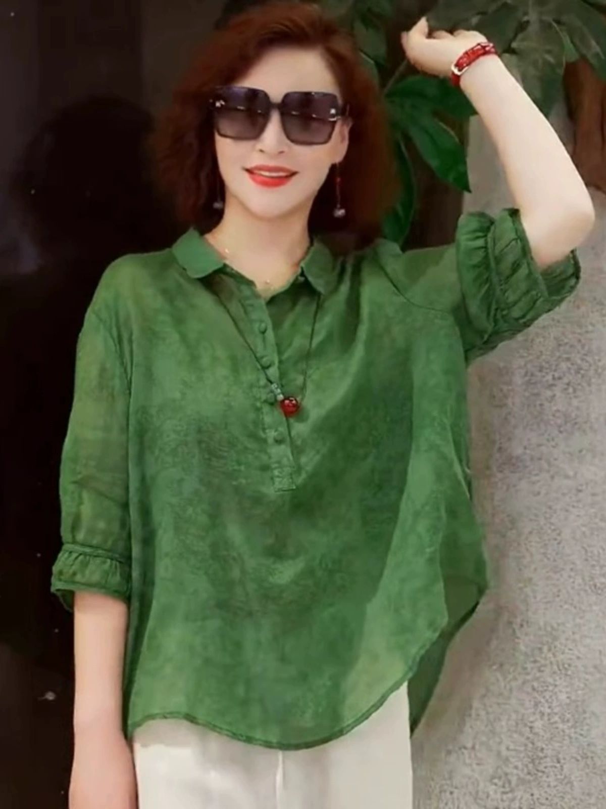 티셔츠 탑 세련된 새로운 린넨 고급 여성 캐주얼 카키색 바지 M - 상품 이미지