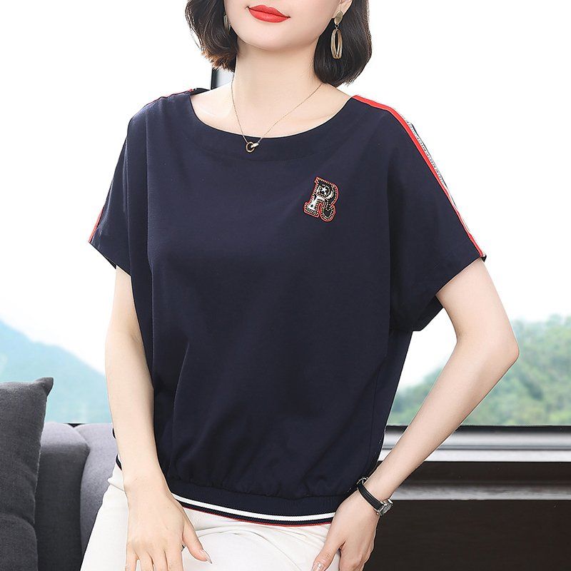 봄 여름 여성 루즈핏 빅사이즈 와펜 반팔 티셔츠 데일리룩 캐주얼 배색 라인 편안한 상의 - 상세 이미지 2