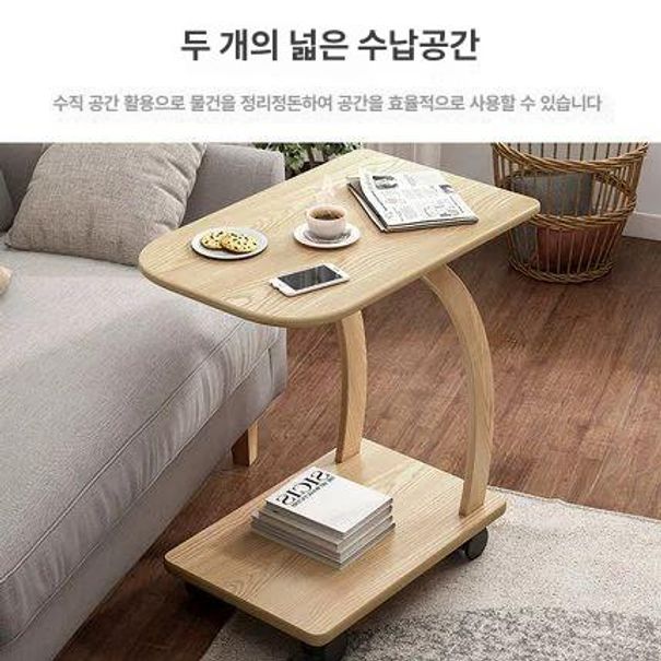 ㄷ자테이블 바퀴달린테이블 우드 쇼파 프리미엄 보조테이블 간이 따뜻한 화이트 - 상세 이미지 2