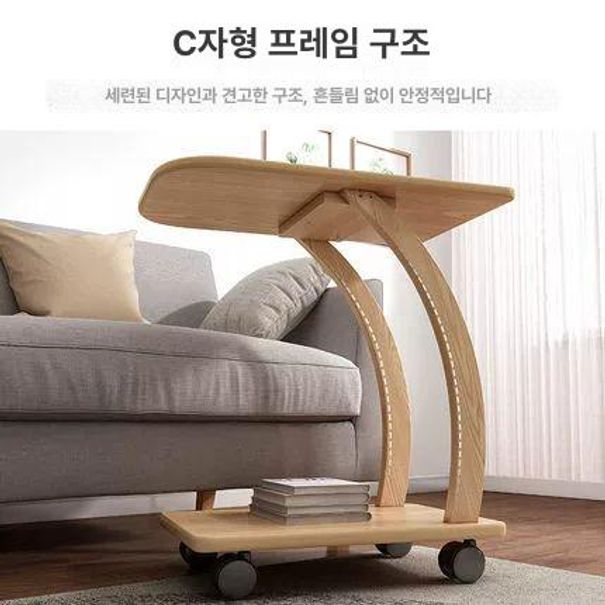 ㄷ자테이블 바퀴달린테이블 우드 쇼파 프리미엄 보조테이블 간이 따뜻한 화이트 - 상세 이미지 4