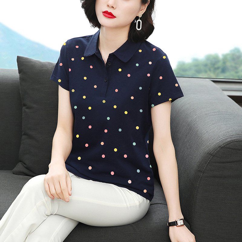봄 여름 여성 루즈핏 빅사이즈 도트 프린팅 반팔 티셔츠 폴로 데일리룩 카라 면 버튼 포인트 상의 - 상품 이미지