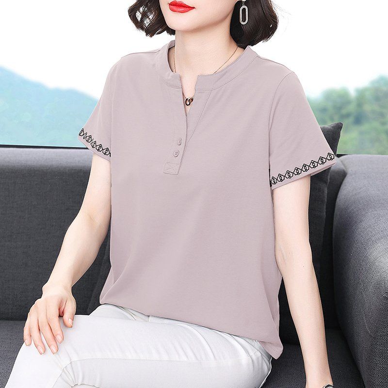봄 여름 여성 루즈핏 빅사이즈 자수 브이넥 반팔 티셔츠 헨리넥 데일리룩 면 상의 - 상세 이미지 3