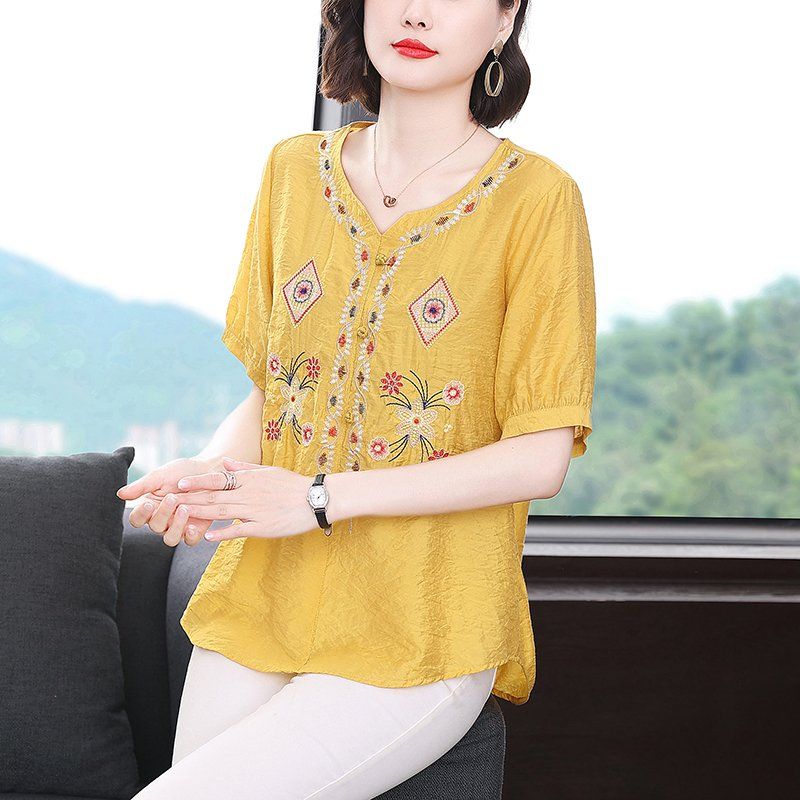 봄 여름 여성 루즈핏 빅사이즈 에스닉 자수 반팔 블라우스 브이넥 데일리룩 면 혼방 헨리넥 상의 - 상세 이미지 2