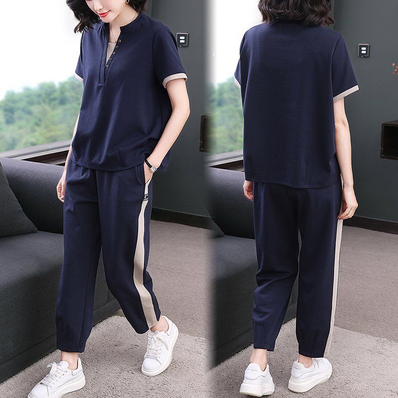 봄 여름 여성 루즈핏 빅사이즈 배색 브이넥 반팔 티셔츠 조거팬츠 트레이닝 세트 상하의