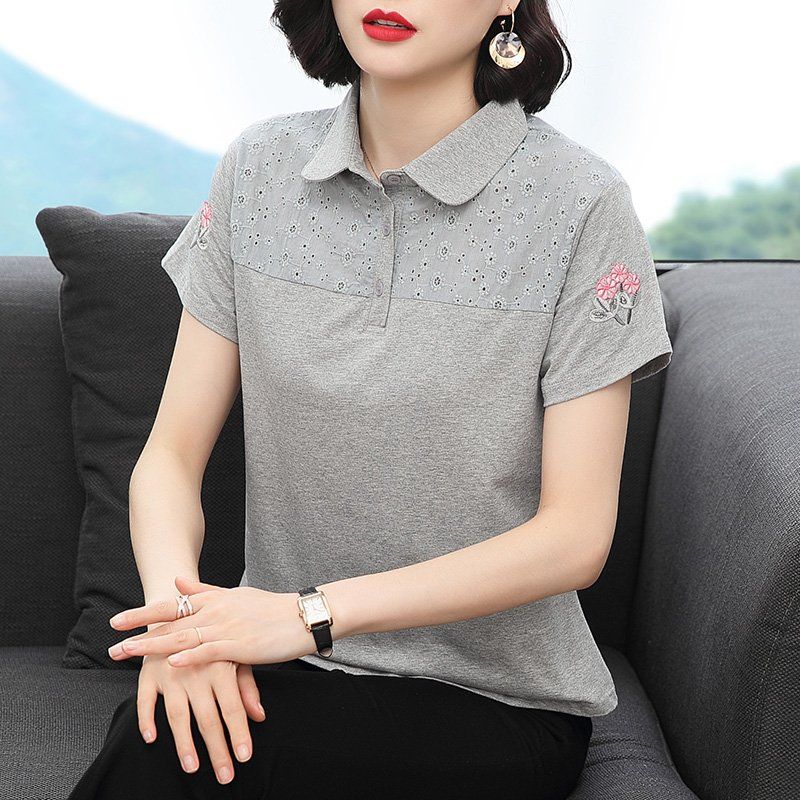 봄 여름 여성 루즈핏 빅사이즈 자수 카라 반팔 티셔츠 폴로 펀칭 배색 데일리룩 면 헨리넥 상의 - 상세 이미지 3