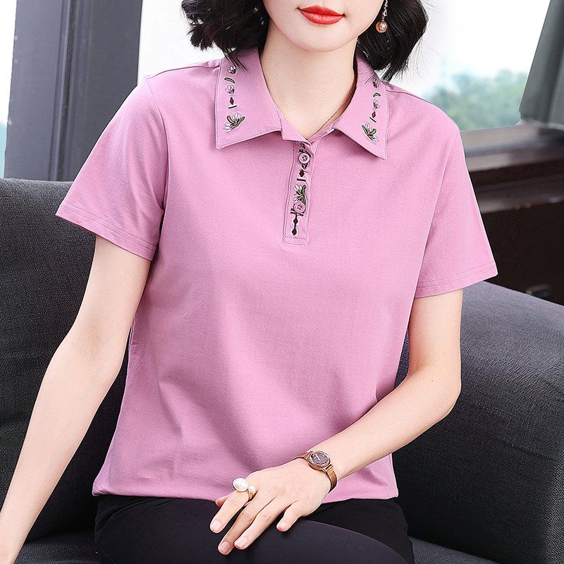 봄 여름 여성 루즈핏 빅사이즈 자수 카라 반팔 티셔츠 폴로 데일리룩 면 상의 - 상품 이미지