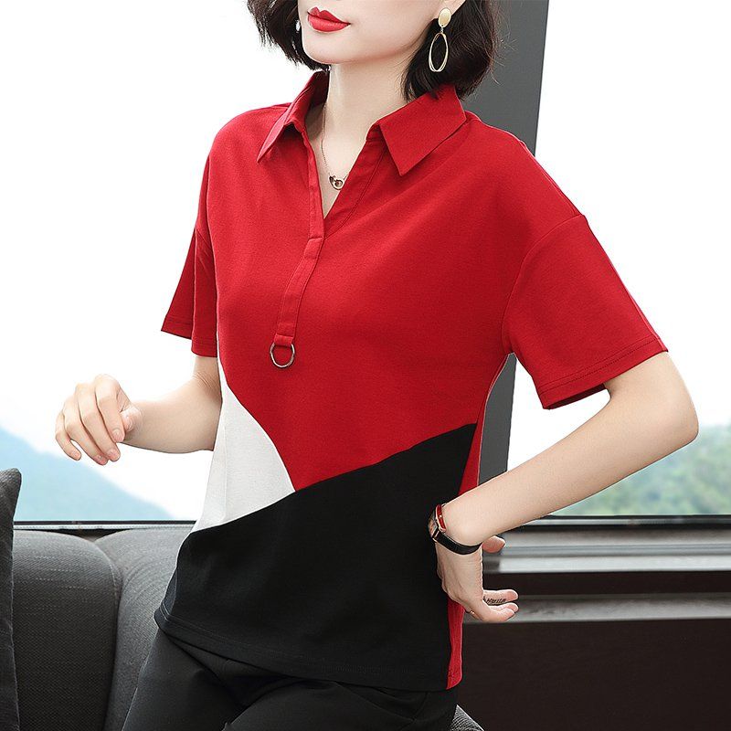봄 여름 여성 루즈핏 빅사이즈 배색 카라 반팔 티셔츠 폴로 데일리룩 캐주얼 면 링 포인트 상의 - 상세 이미지 3