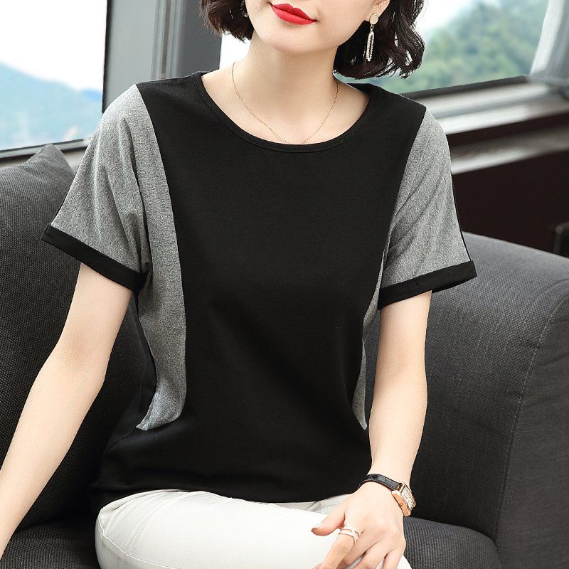 봄 여름 여성 루즈핏 빅사이즈 배색 반팔 티셔츠 데일리룩 캐주얼 라운드넥 면 드롭숄더 상의 - 상세 이미지 3