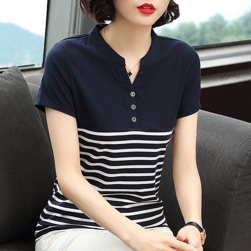 봄 여름 여성 루즈핏 빅사이즈 스트라이프 반팔 티셔츠 데일리룩 브이넥 헨리넥 면 배색 상의 - 상품 이미지