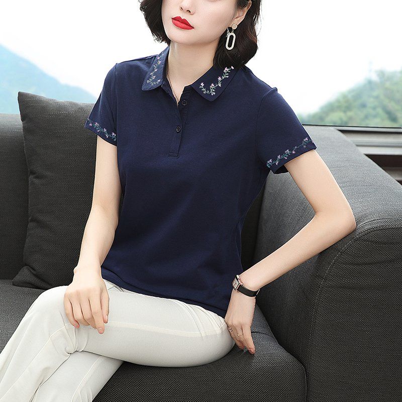 봄 여름 여성 루즈핏 빅사이즈 플라워 자수 반팔 티셔츠 폴로 데일리룩 카라 면 버튼 포인트 상의 - 상품 이미지