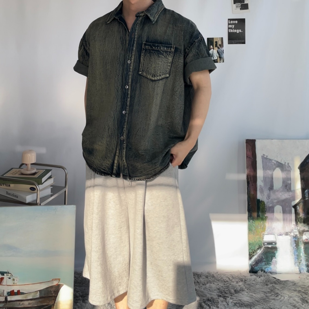남자 빈티지 워싱 오버핏 데님 셔츠 청 이미지 8