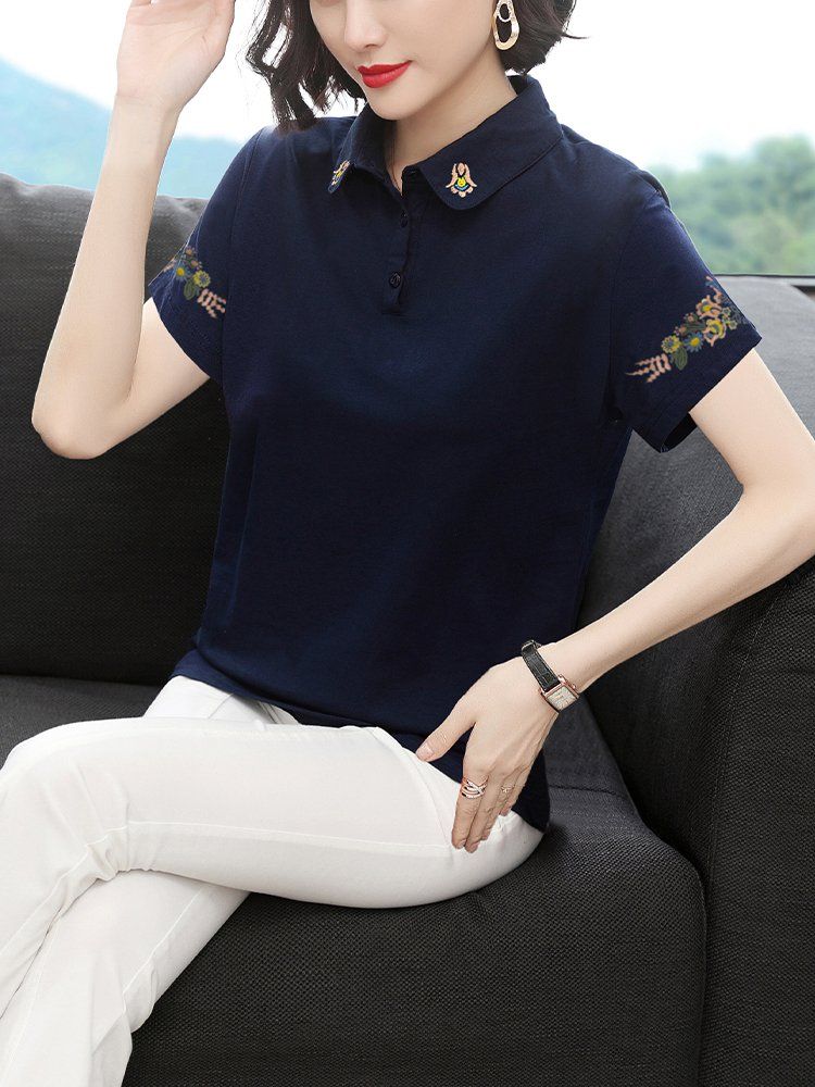 봄 여름 여성 루즈핏 빅사이즈 캐릭터 자수 반팔 티셔츠 폴로 데일리룩 카라 면 플라워 상의 - 상세 이미지 3