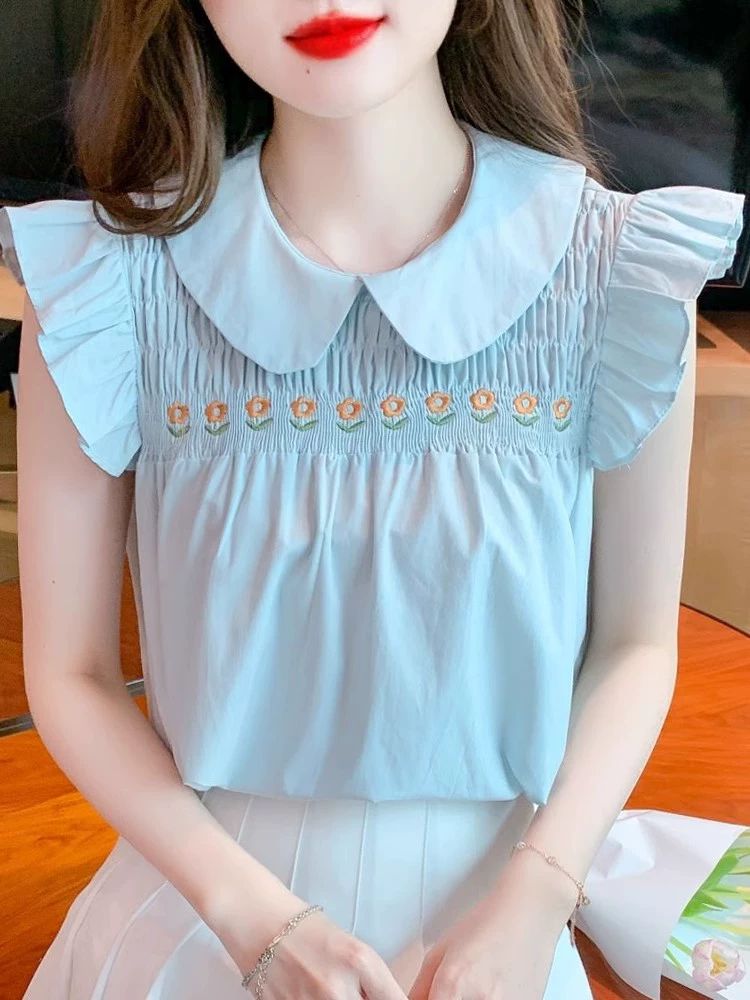 스위트 프릴 민소매 쉬폰 상의 루즈핏 블라우스 여름 블루 S 40~49kg - 상세 이미지 2