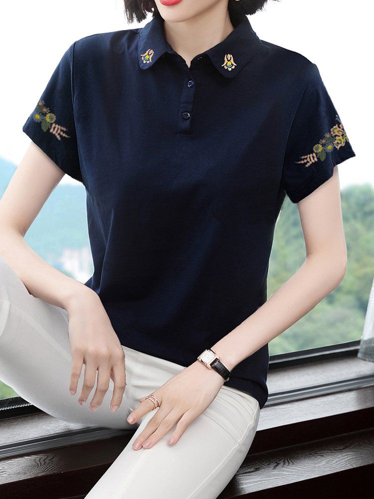 봄 여름 여성 루즈핏 빅사이즈 캐릭터 자수 반팔 티셔츠 폴로 데일리룩 카라 면 플라워 상의 - 상세 이미지 2