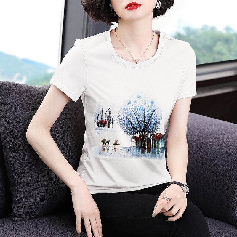 봄 여름 여성 루즈핏 빅사이즈 풍경화 프린팅 반팔 티셔츠 데일리룩 캐주얼 면 상의 - 상품 이미지