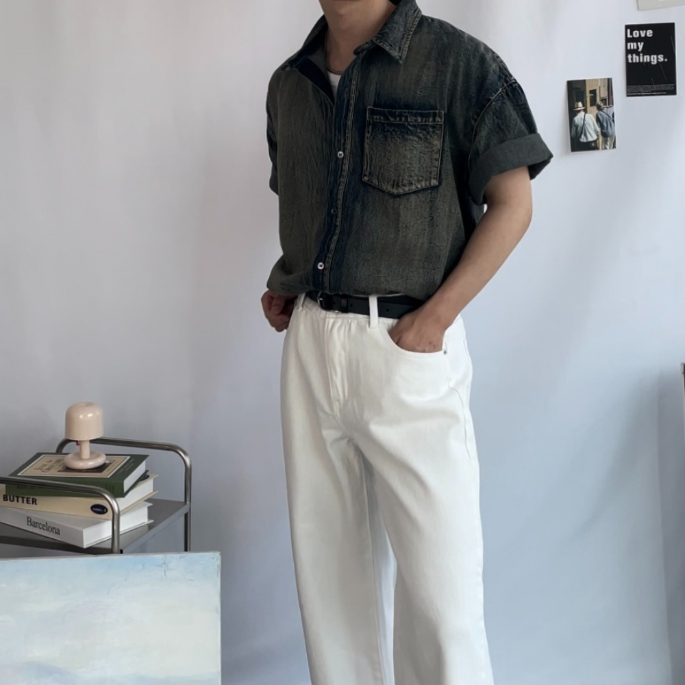 남자 빈티지 워싱 오버핏 데님 셔츠 청 이미지 6