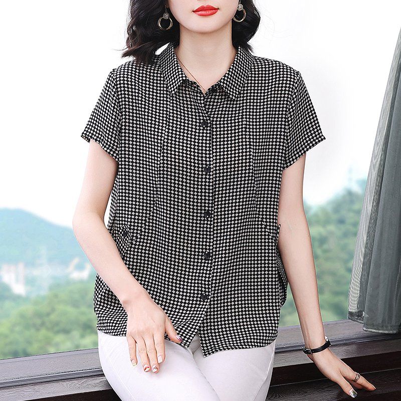 봄 여름 여성 루즈핏 빅사이즈 체크 카라 반팔 셔츠 블라우스 데일리룩 포켓 남방 상의 - 상세 이미지 2