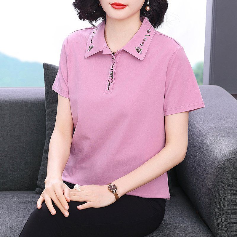 봄 여름 여성 루즈핏 빅사이즈 자수 카라 반팔 티셔츠 폴로 데일리룩 면 상의 - 상세 이미지 2