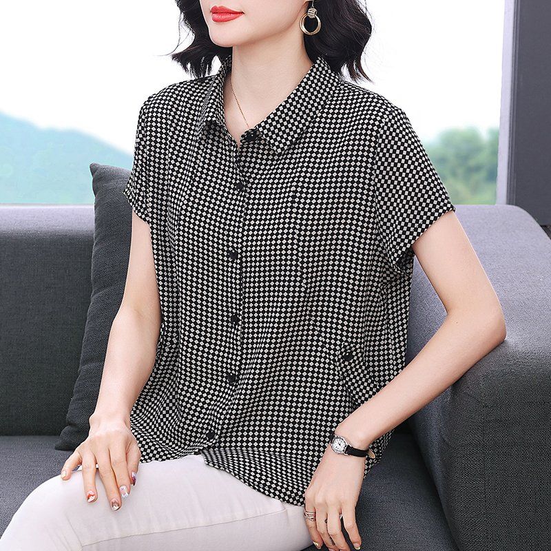 봄 여름 여성 루즈핏 빅사이즈 체크 카라 반팔 셔츠 블라우스 데일리룩 포켓 남방 상의 - 상세 이미지 3