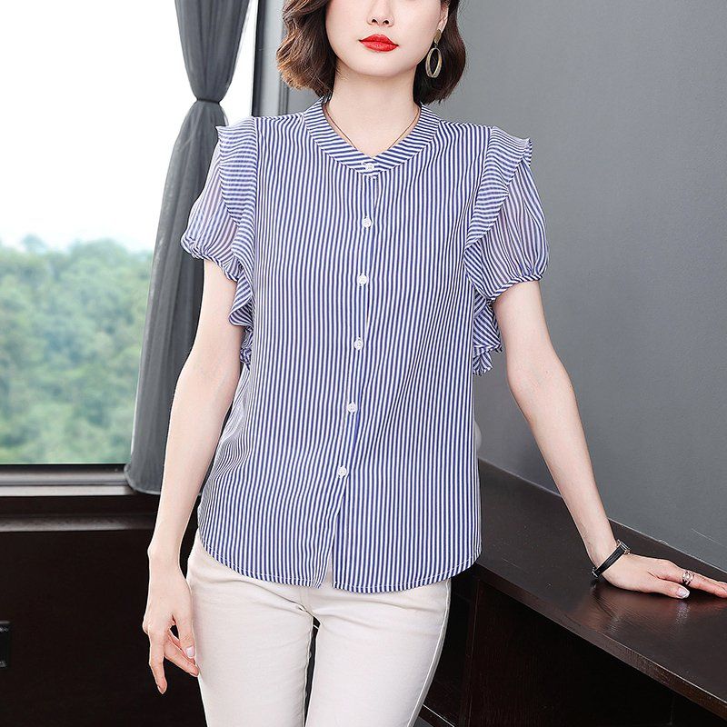 봄 여름 여성 루즈핏 빅사이즈 스트라이프 반팔 블라우스 쉬폰 러플 소매 헨리넥 프릴 상의 - 상세 이미지 2