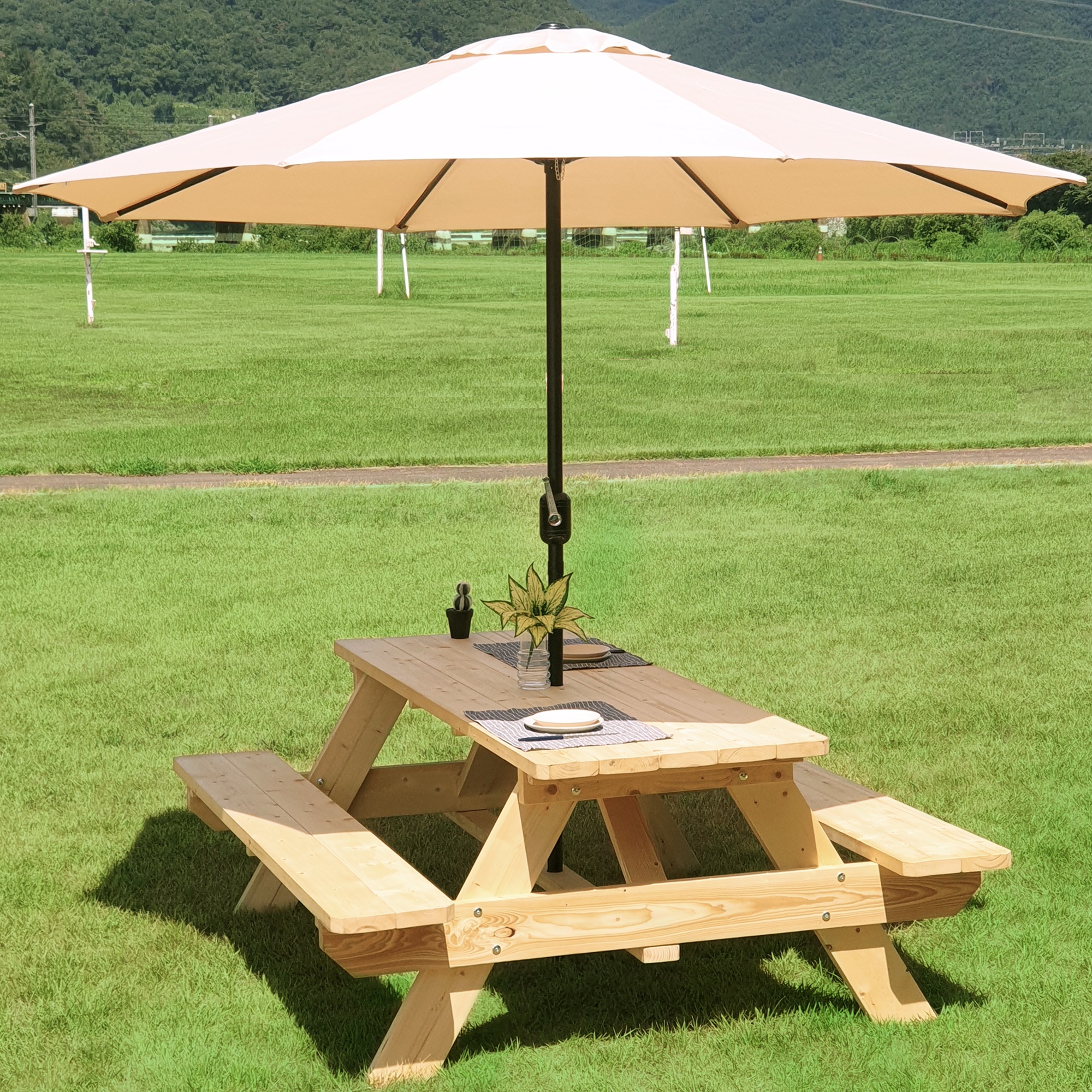 포장마차 테이블 카페 야외 나무 야장 실외 데크 세트 4인무도색