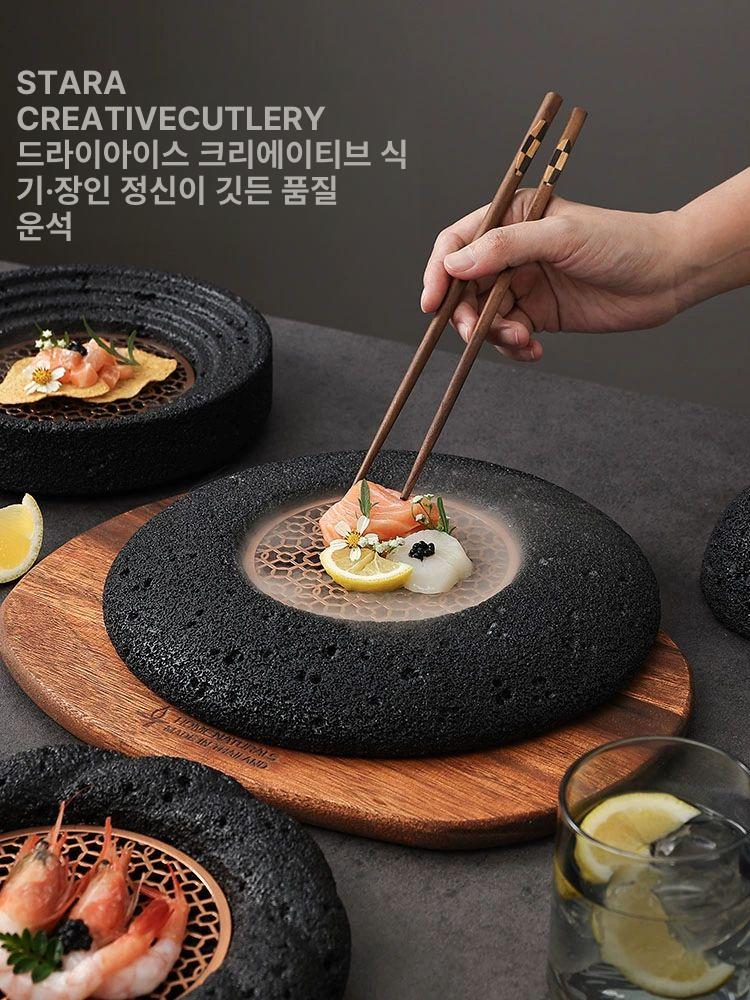 스톤 드라이아이스 접시 화산석 고급 일식집 6.8인치 사각접시 블랙 구리 - 상세 이미지 4