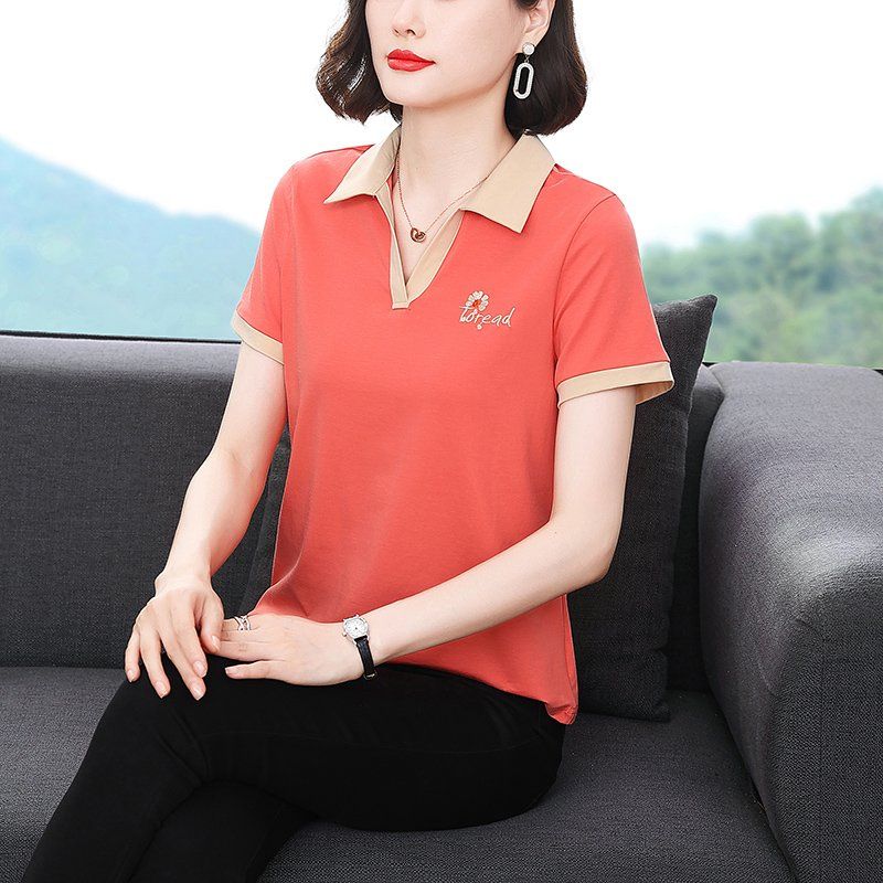 봄 여름 여성 슬림핏 빅사이즈 플라워 자수 반팔 티셔츠 폴로 카라 데일리룩 배색 면 레터링 상의 - 상세 이미지 2