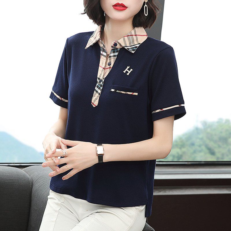 봄 여름 여성 루즈핏 빅사이즈 체크 배색 카라 반팔 티셔츠 폴로 데일리룩 면 로고 상의 - 상세 이미지 2