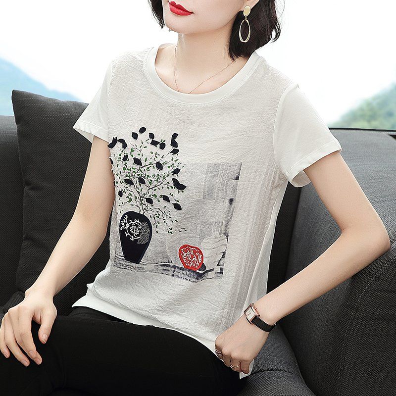 봄 여름 여성 루즈핏 빅사이즈 프린팅 반팔 티셔츠 데일리룩 라운드넥 면 자수 상의 - 상세 이미지 2